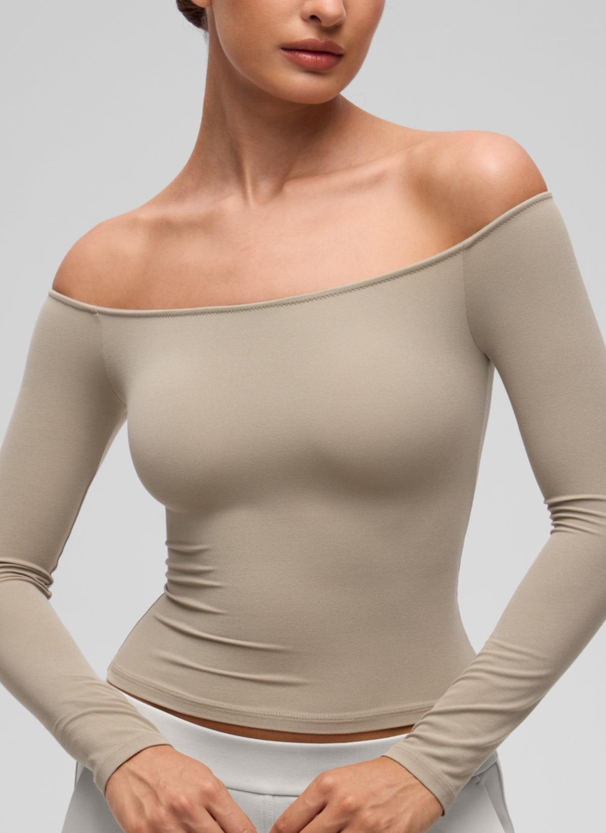 CRZ YOGA Women's Casual Softembrace Off Shoulder Tight Fit Long Sleeve Oak @model_info:I