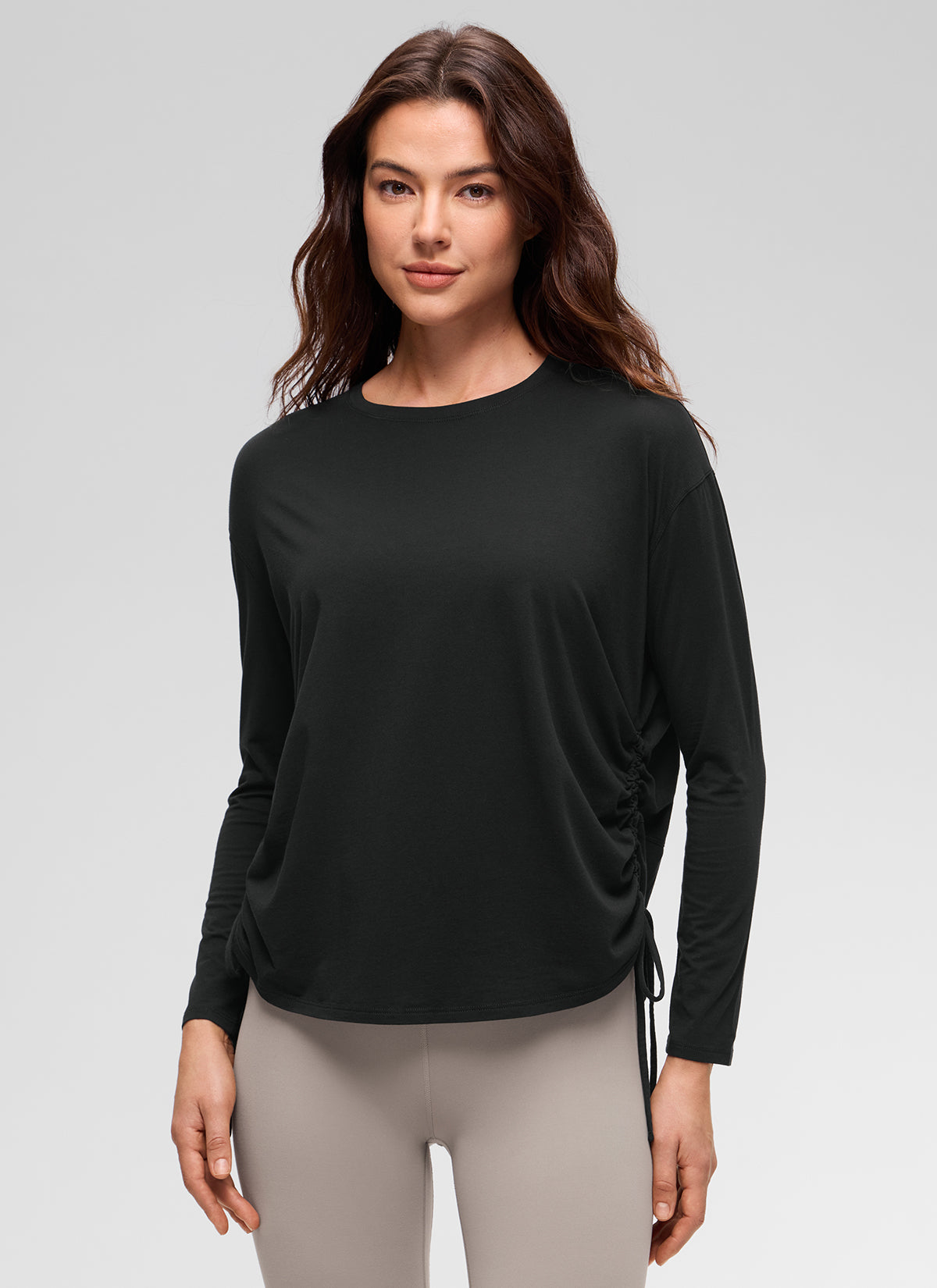 CRZ YOGA Women's Pima Cotton Casual Scoop Neck Ruched Long Sleeve Black