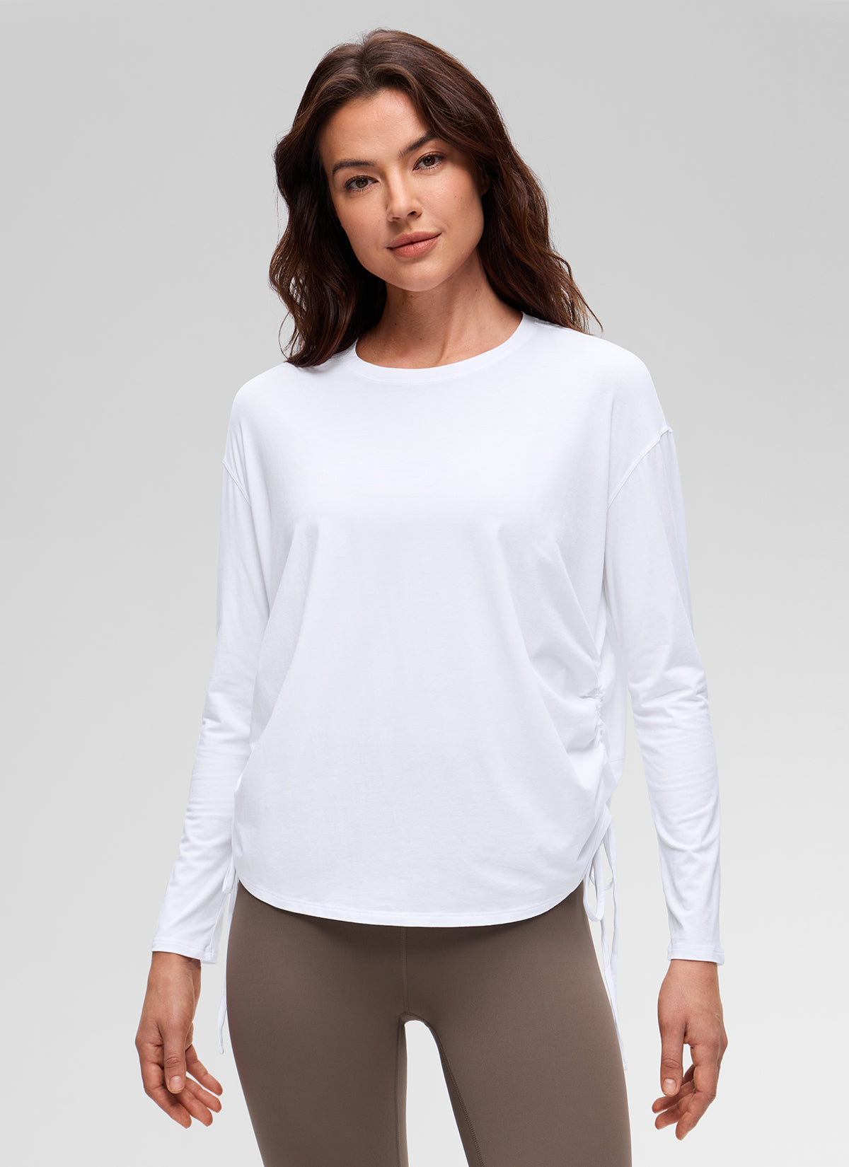 CRZ YOGA Women's Pima Cotton Casual Scoop Neck Ruched Long Sleeve White