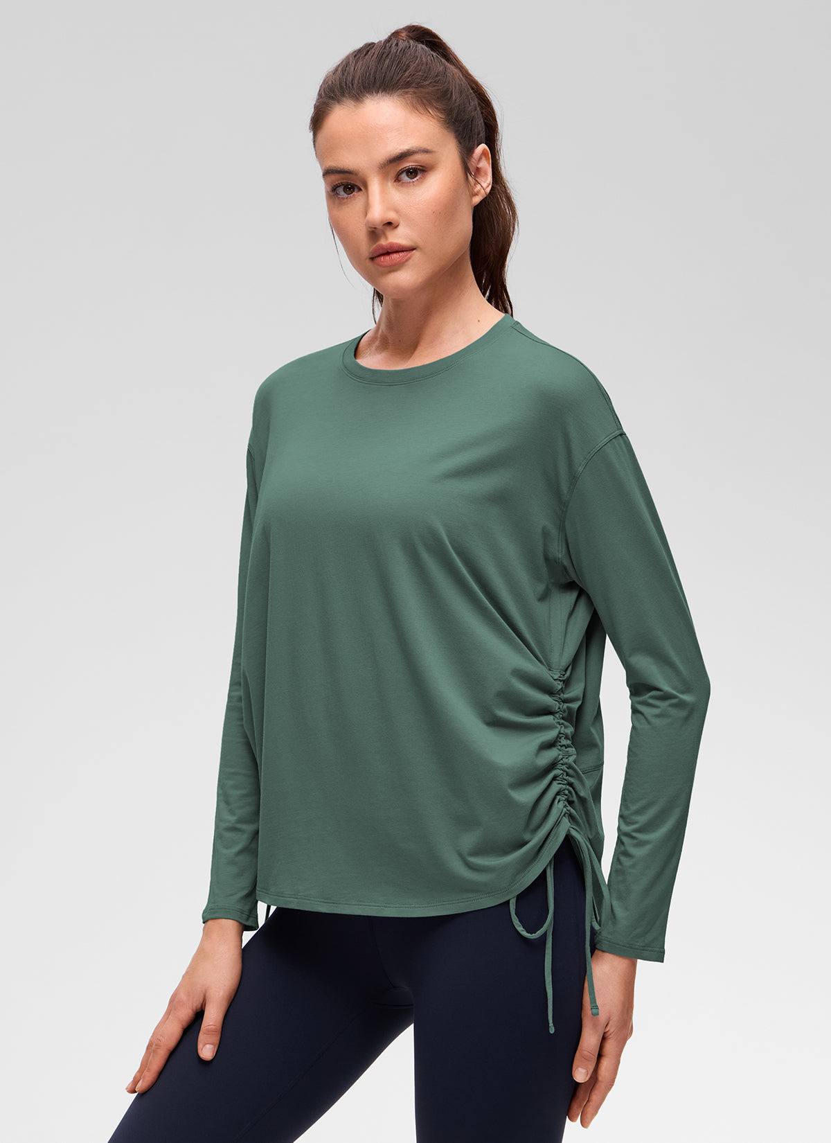 CRZ YOGA Women's Pima Cotton Casual Scoop Neck Ruched Long Sleeve Graphite Green