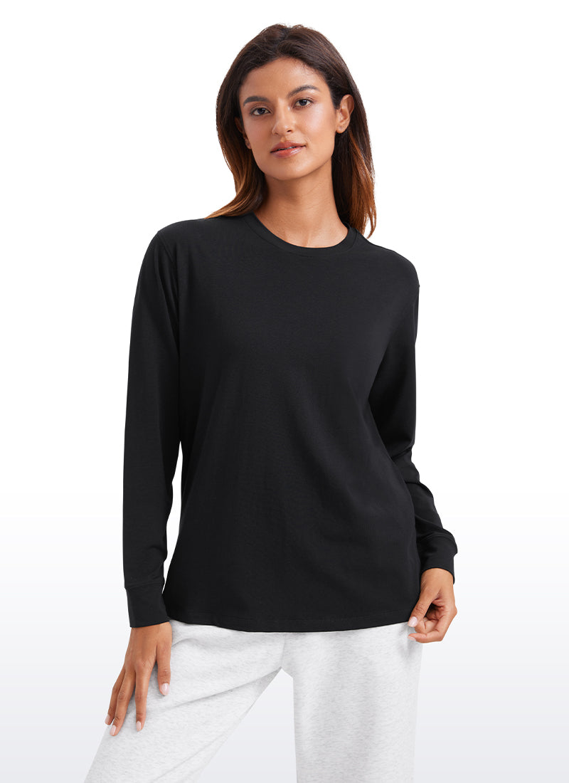 CRZ YOGA Women's Pima Cotton Long Sleeve Shirts Crew Neck Casual Tops Black