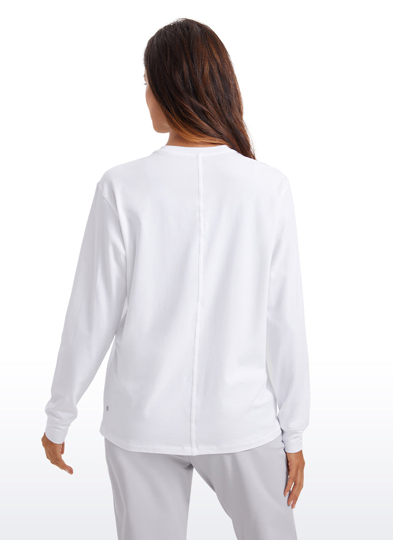 CRZ YOGA Women's Pima Cotton Long Sleeve Shirts Crew Neck Casual Tops White