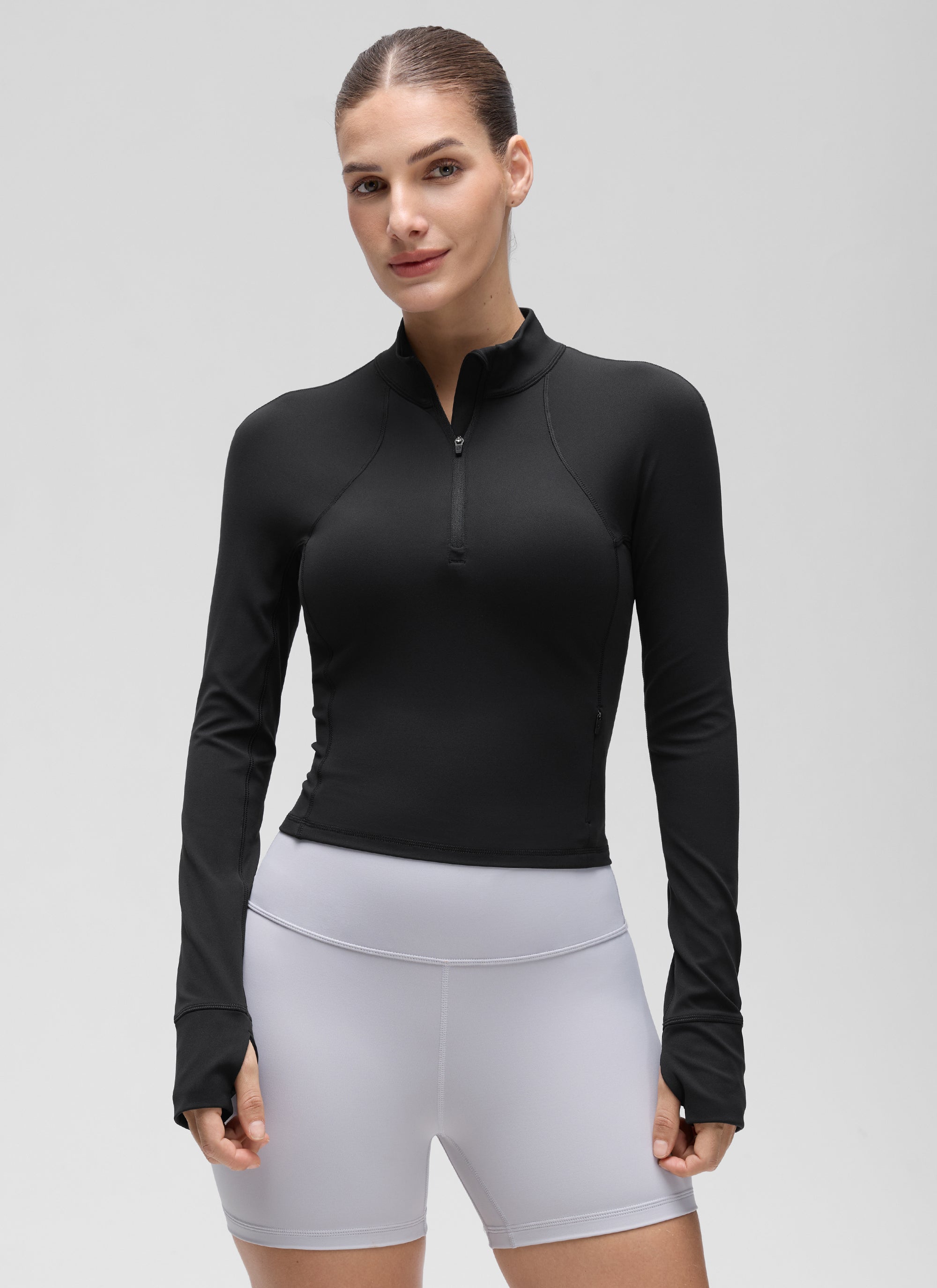 CRZ YOGA Women's Yoga Slim Fit Tops Butterluxe Half-Zip Long Sleeve Black