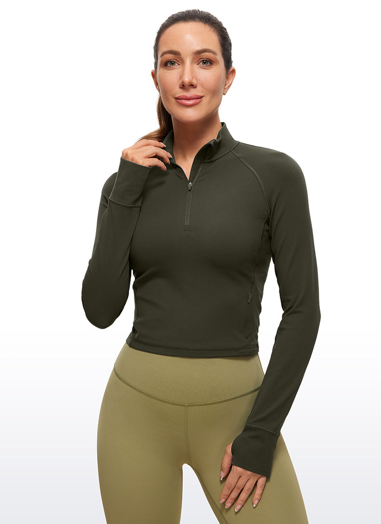 CRZ YOGA Women's Yoga Slim Fit Tops Butterluxe Half-Zip Long Sleeve Olive Green