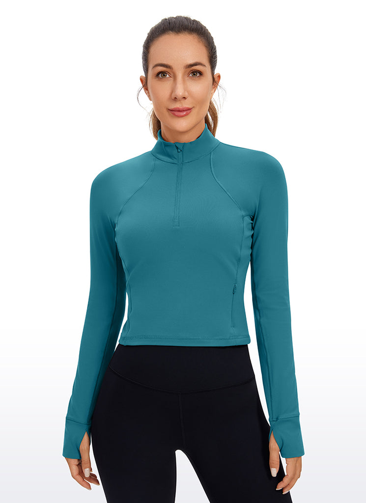 CRZ YOGA Women's Yoga Slim Fit Tops Butterluxe Half-Zip Long Sleeve Borealis Green