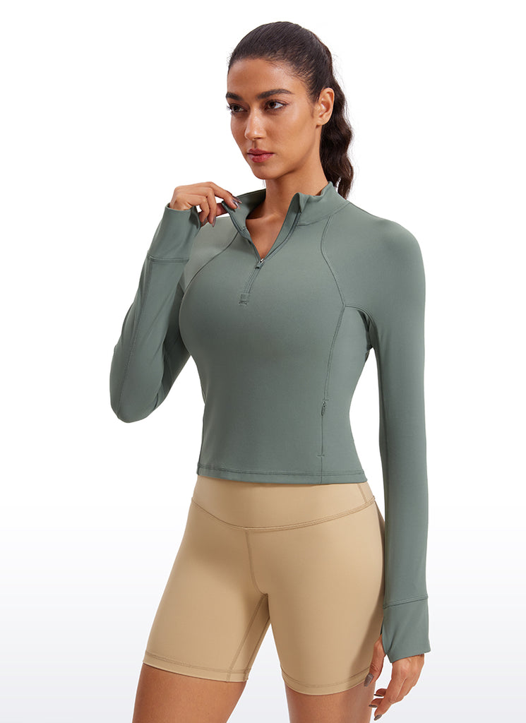 CRZ YOGA Women's Yoga Slim Fit Tops Butterluxe Half-Zip Long Sleeve Grey Sage
