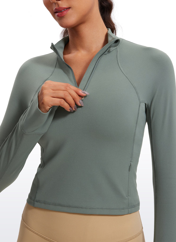 CRZ YOGA Women's Yoga Slim Fit Tops Butterluxe Half-Zip Long Sleeve Grey Sage