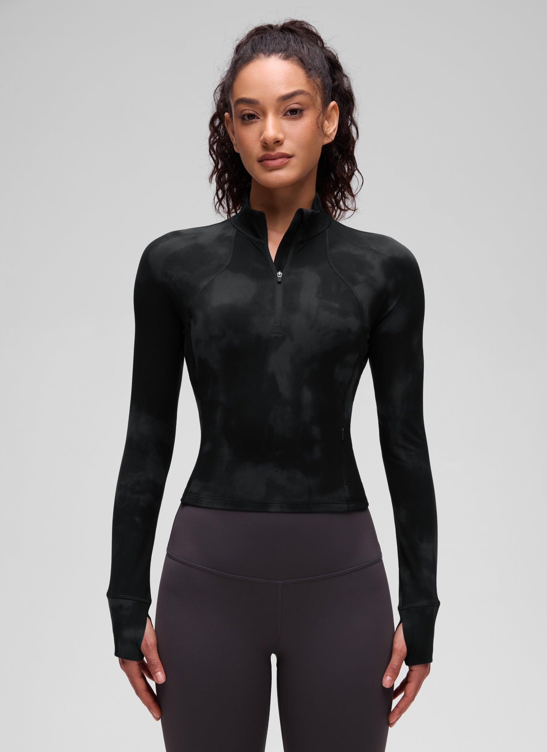 CRZ YOGA Women's Yoga Slim Fit Tops Butterluxe Half-Zip Long Sleeve Black Tie Dye Flowers