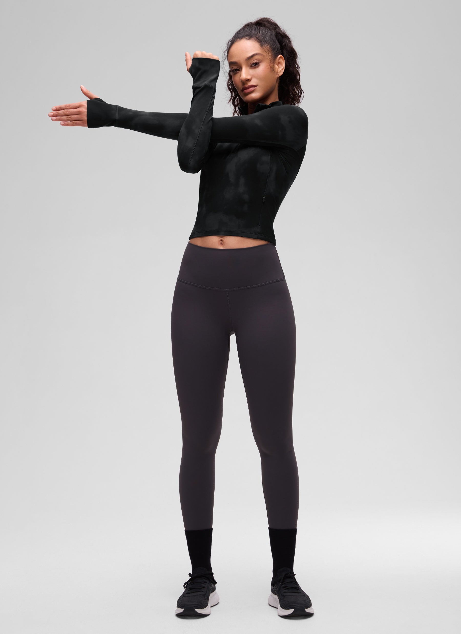 CRZ YOGA Women's Yoga Slim Fit Tops Butterluxe Half-Zip Long Sleeve Black Tie Dye Flowers