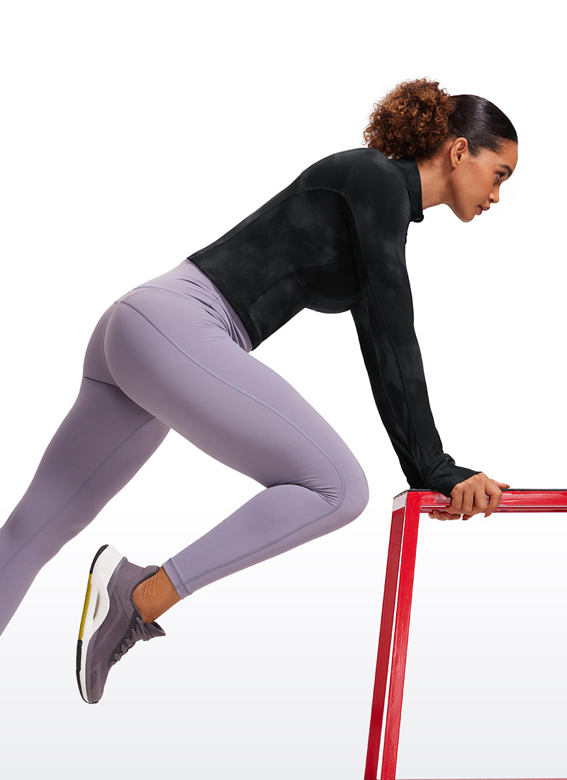 CRZ YOGA Women's Yoga Slim Fit Tops Butterluxe Half-Zip Long Sleeve Black Tie Dye Flowers