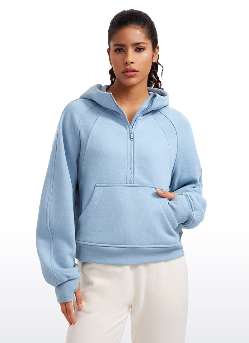 Fleece Lined Half Zip Hoodies with Thumb Holes