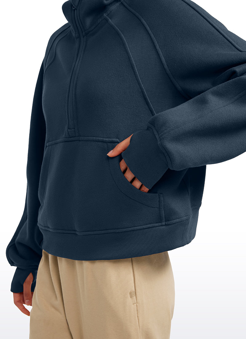 Fleece Lined Half Zip Hoodies with Thumb Holes