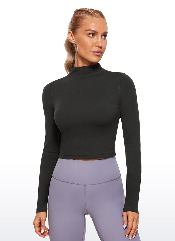 CRZ YOGA Women's Slim Fit Butterluxe Yoga Crop Long Sleeves Mock Turtleneck White Apricot