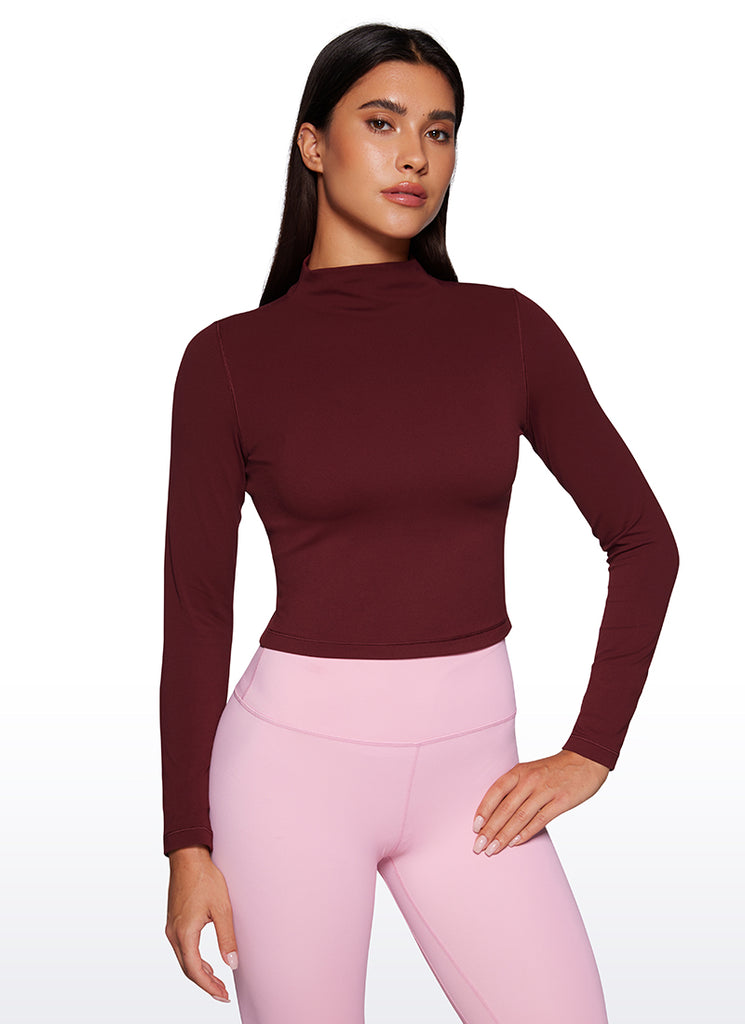 CRZ YOGA Women's Slim Fit Butterluxe Yoga Crop Long Sleeves Mock Turtleneck Pink Peony