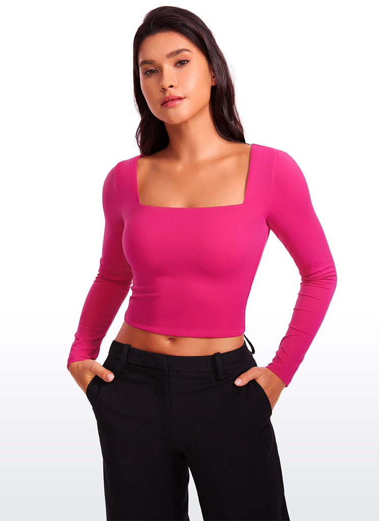 CRZ YOGA Women's Tight Fit Butterluxe Yoga Crop Long Sleeves Square Neck Magenta Purple