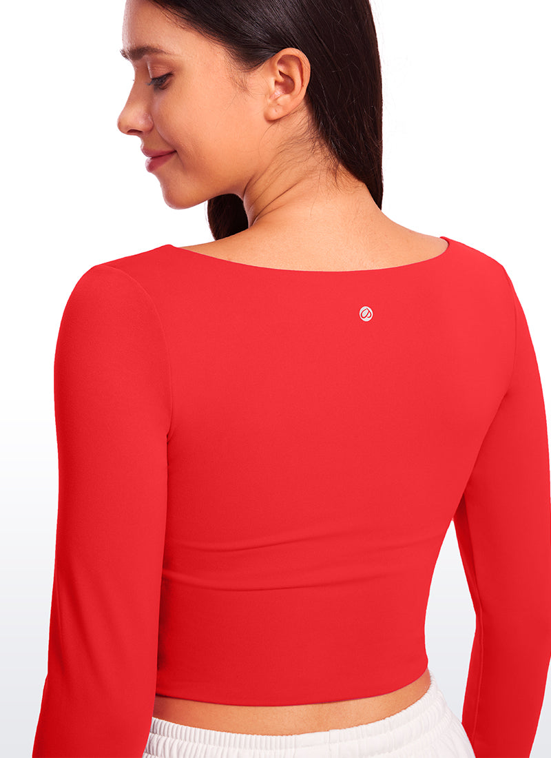 CRZ YOGA Women's Tight Fit Butterluxe Yoga Crop Long Sleeves Square Neck Deep Red