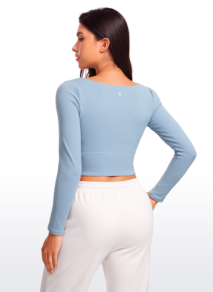 CRZ YOGA Women's Tight Fit Butterluxe Yoga Crop Long Sleeves Square Neck Cambric Blue