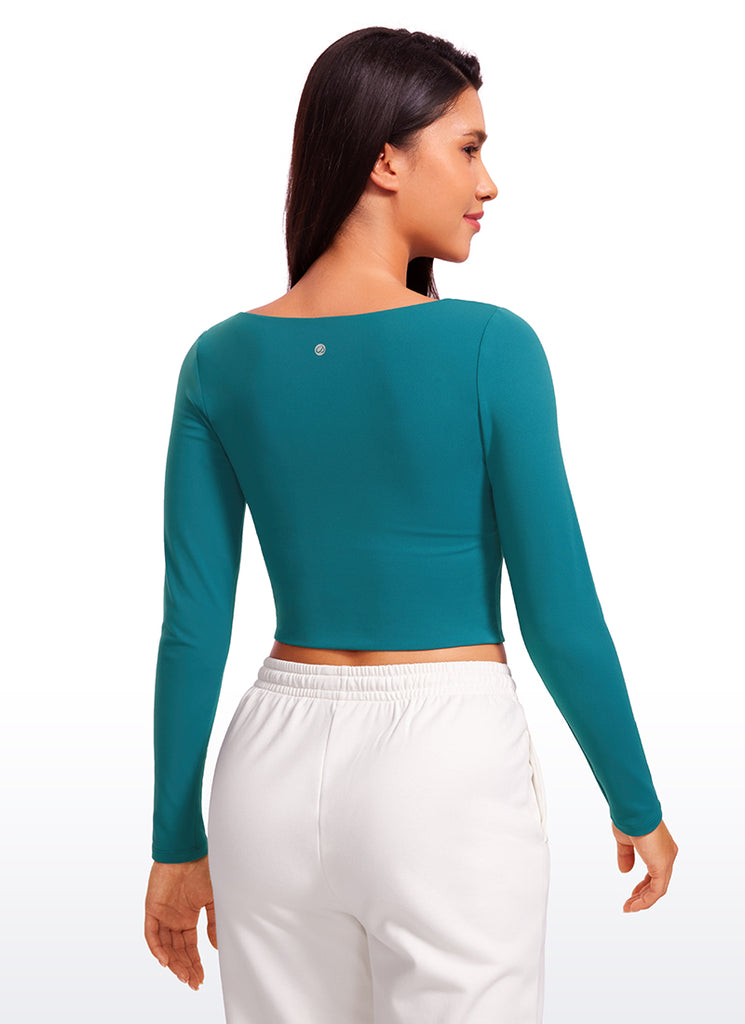 CRZ YOGA Women's Tight Fit Butterluxe Yoga Crop Long Sleeves Square Neck Gull Gray