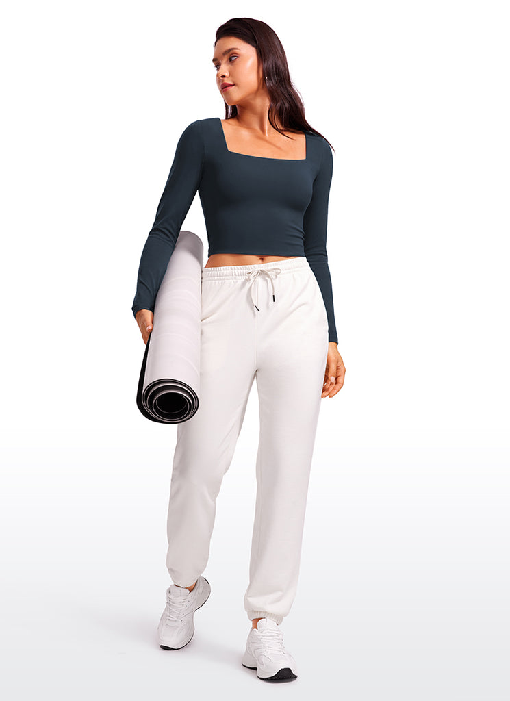 CRZ YOGA Women's Tight Fit Butterluxe Yoga Crop Long Sleeves Square Neck Black