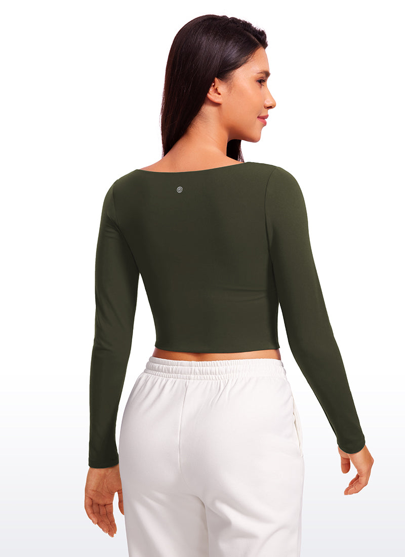 CRZ YOGA Women's Tight Fit Butterluxe Yoga Crop Long Sleeves Square Neck True Navy