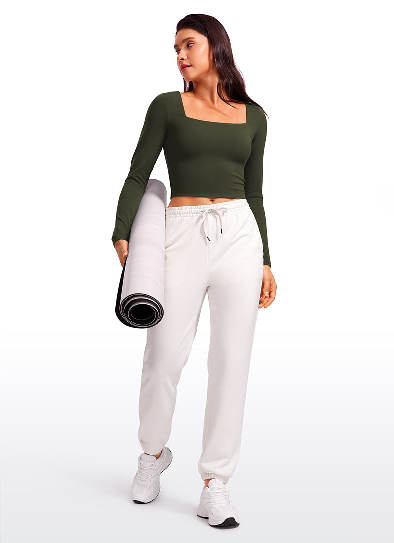 CRZ YOGA Women's Tight Fit Butterluxe Yoga Crop Long Sleeves Square Neck True Navy