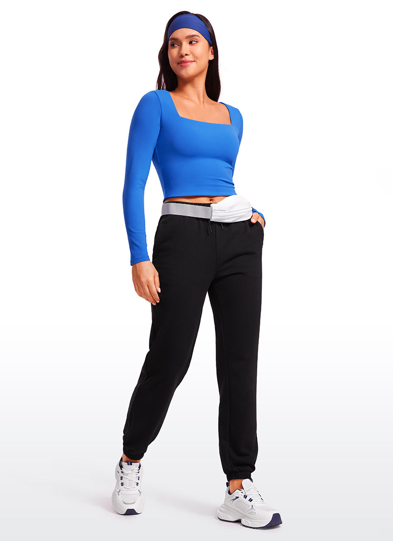 CRZ YOGA Women's Tight Fit Butterluxe Yoga Crop Long Sleeves Square Neck Sparkle Blue