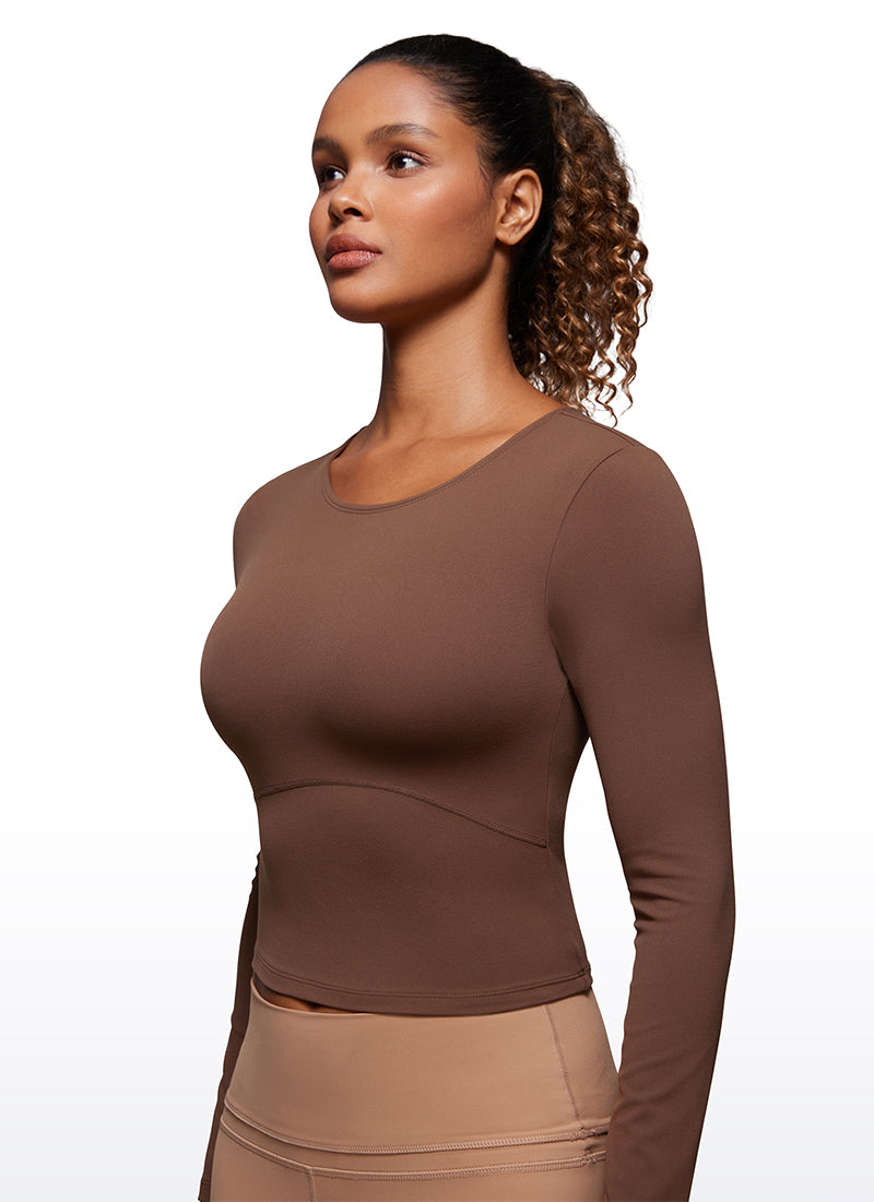 CRZ YOGA Women's Slim Fit Yoga Butterluxe Crop Long Sleeves Front Seam Coffee Brown