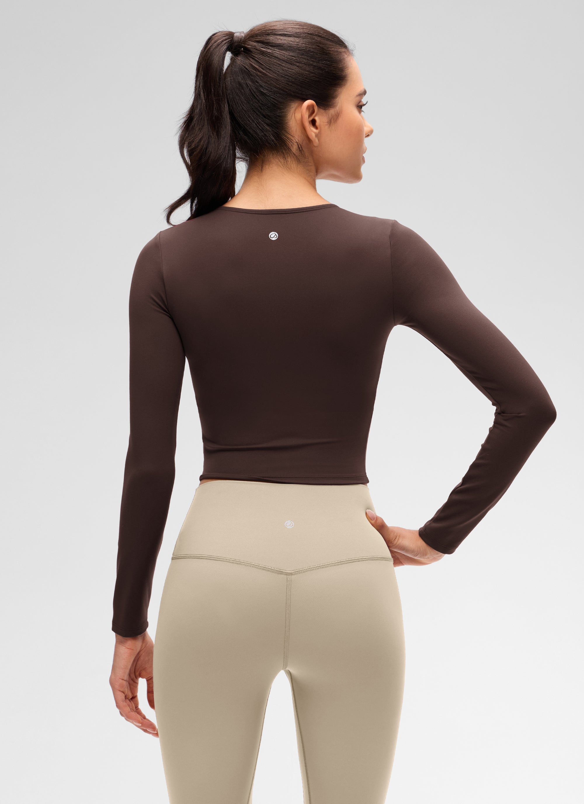 CRZ YOGA Women's Slim Fit Yoga Butterluxe Crop Long Sleeves Front Seam Hot Fudge Brown