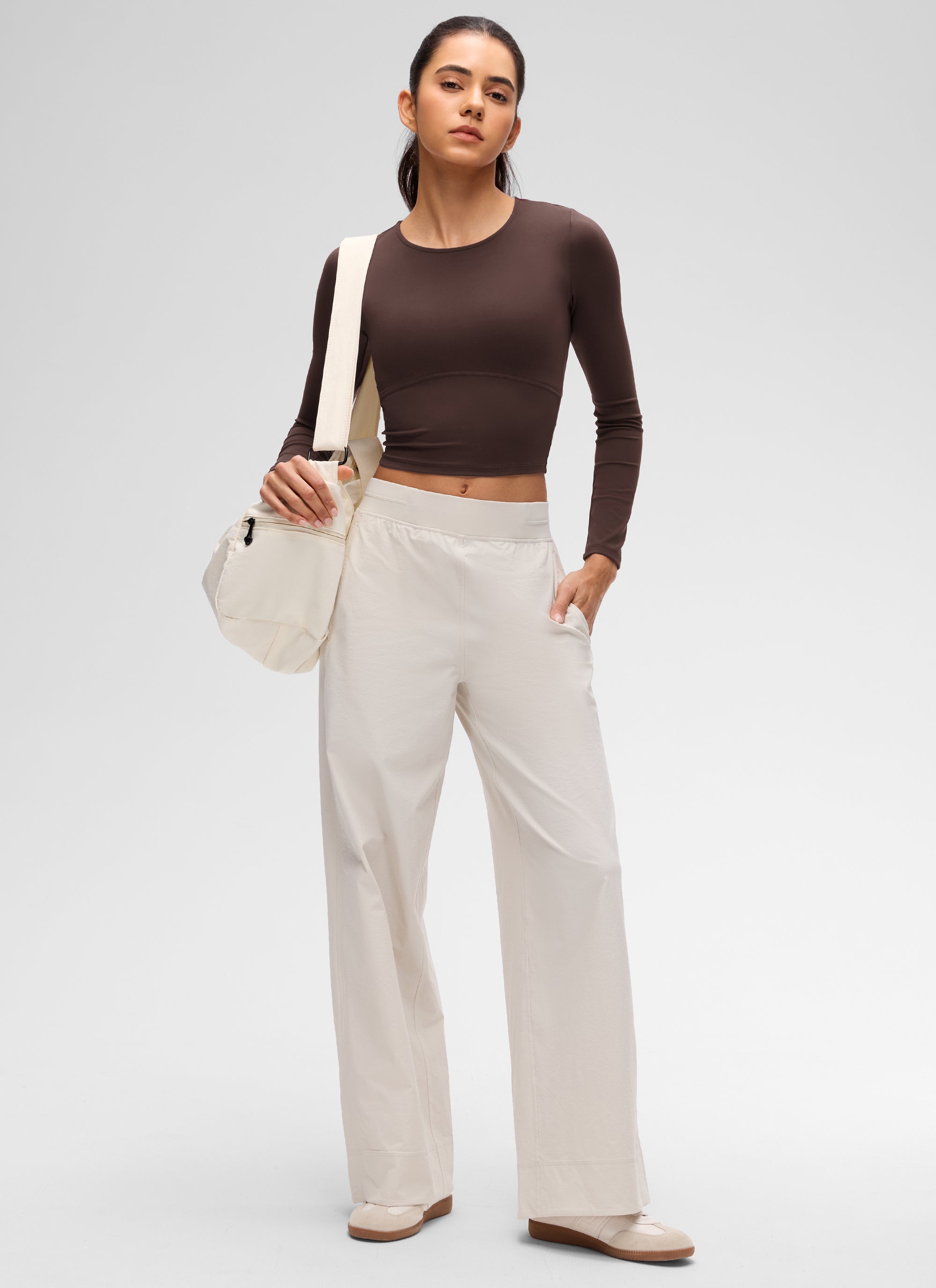 CRZ YOGA Women's Slim Fit Yoga Butterluxe Crop Long Sleeves Front Seam Hot Fudge Brown