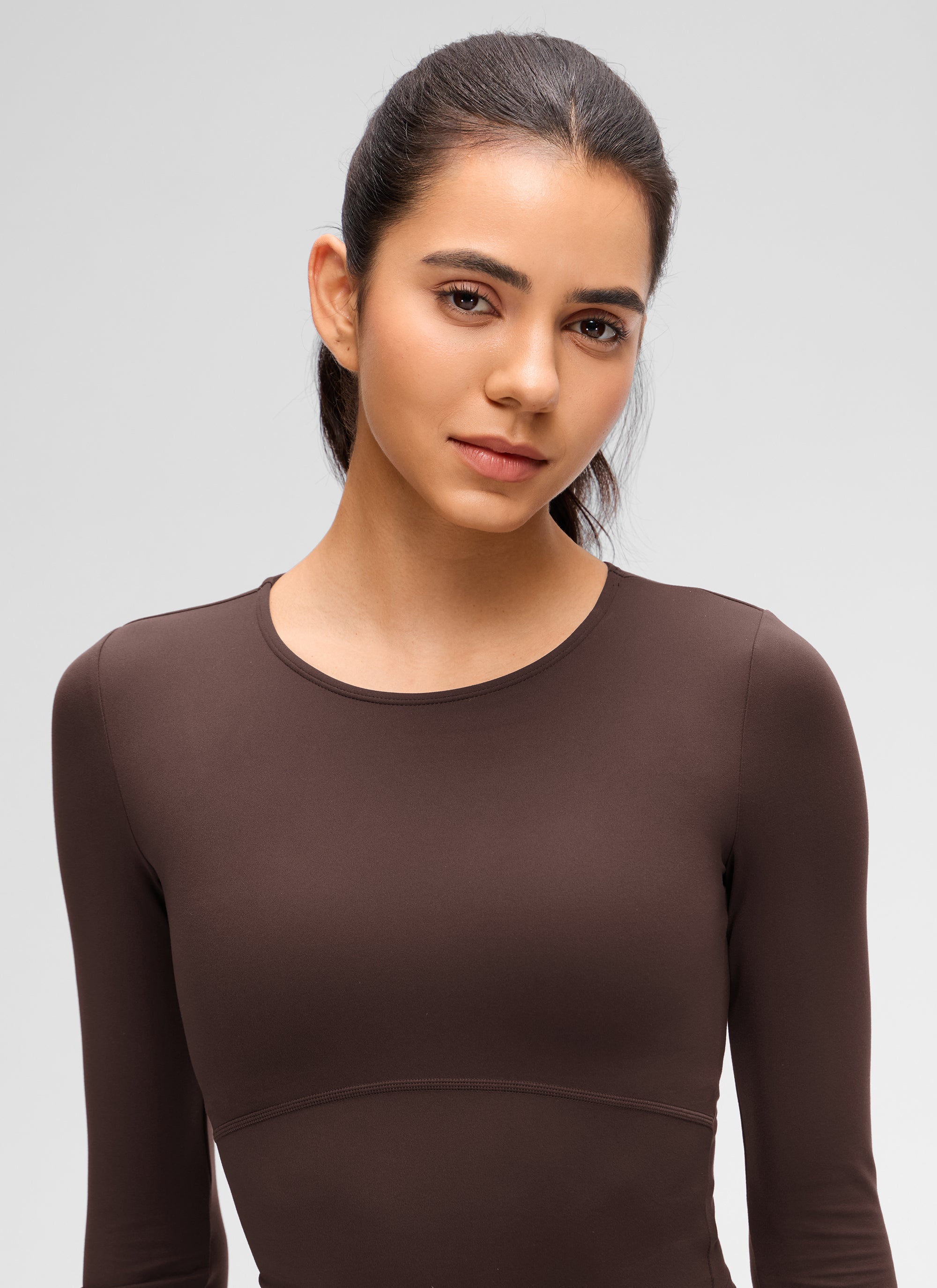 CRZ YOGA Women's Slim Fit Yoga Butterluxe Crop Long Sleeves Front Seam Hot Fudge Brown