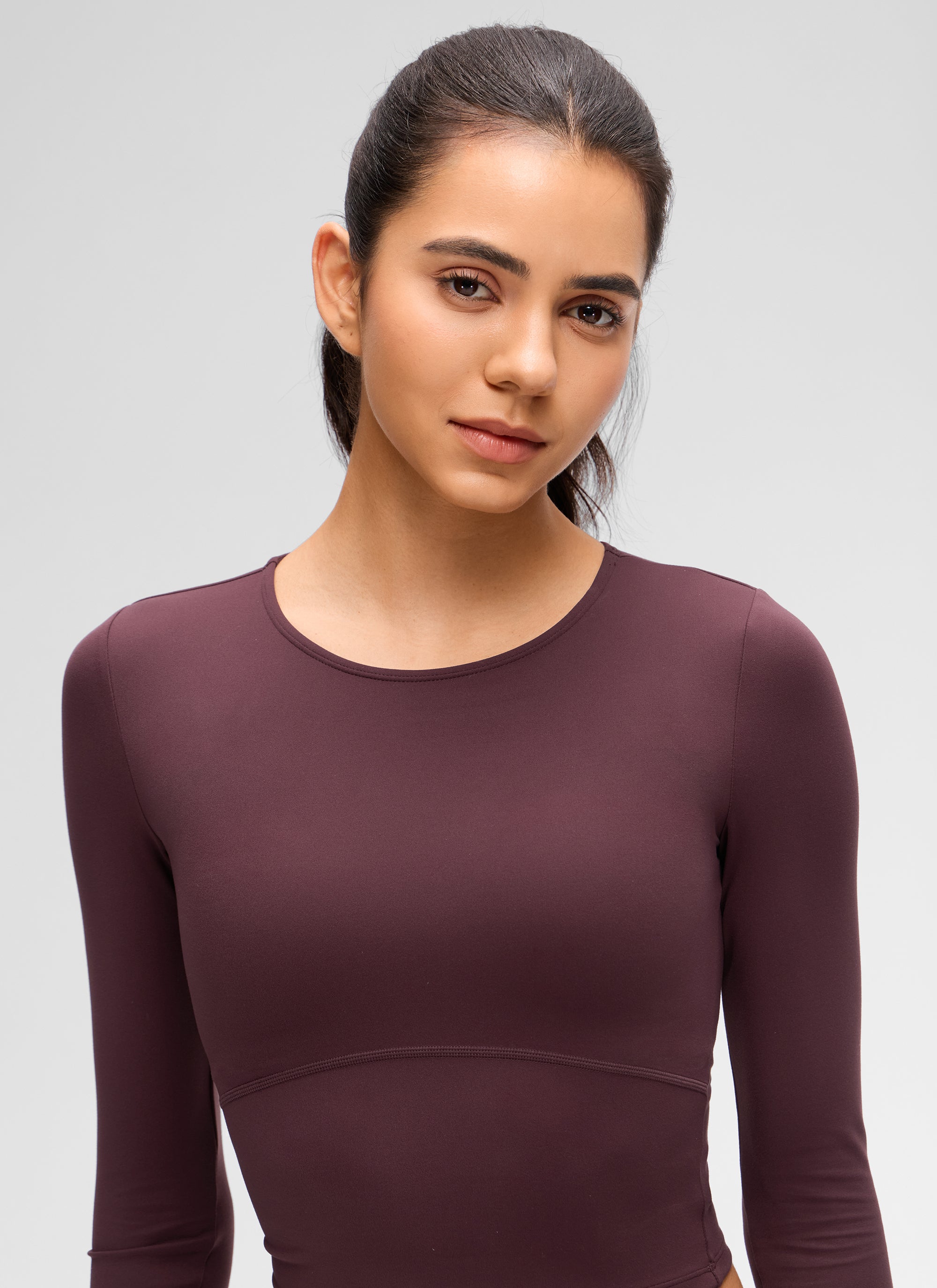 CRZ YOGA Women's Slim Fit Yoga Butterluxe Crop Long Sleeves Front Seam Ripe Plum