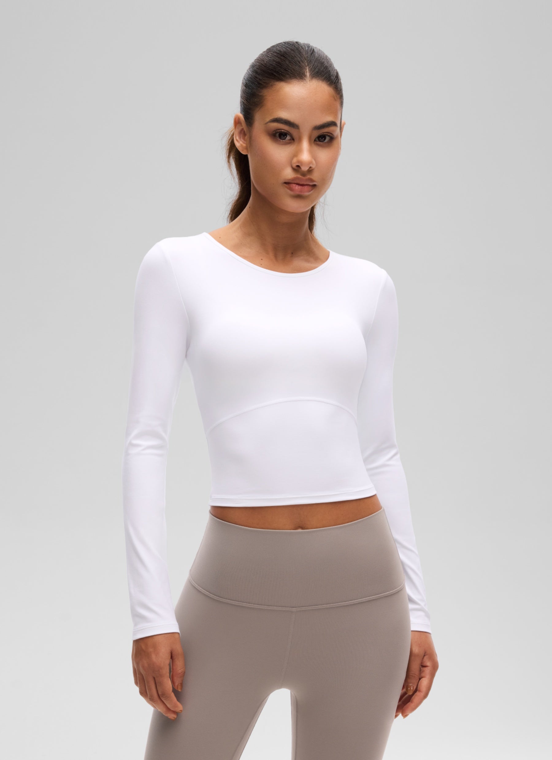 CRZ YOGA Women's Slim Fit Yoga Butterluxe Crop Long Sleeves Front Seam White
