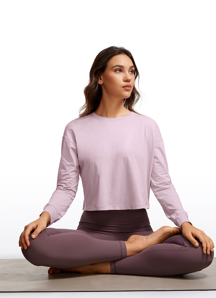 CRZ YOGA Women's Yoga Loose Fit Tops Pima Cotton Cropped Long Sleeve Mocha Mousse