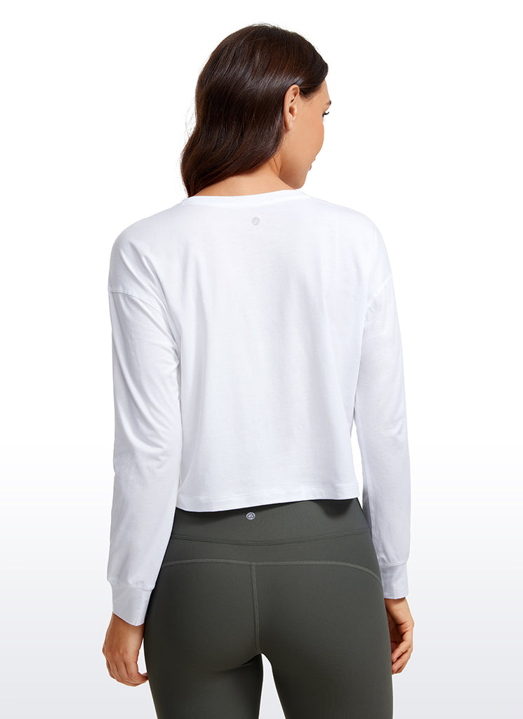 CRZ YOGA Women's Yoga Loose Fit Tops Pima Cotton Cropped Long Sleeve Black