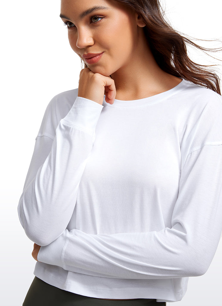 CRZ YOGA Women's Yoga Loose Fit Tops Pima Cotton Cropped Long Sleeve Black