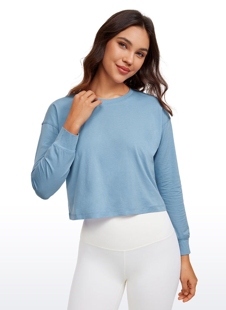 CRZ YOGA Women's Yoga Loose Fit Tops Pima Cotton Cropped Long Sleeve Universe Blue