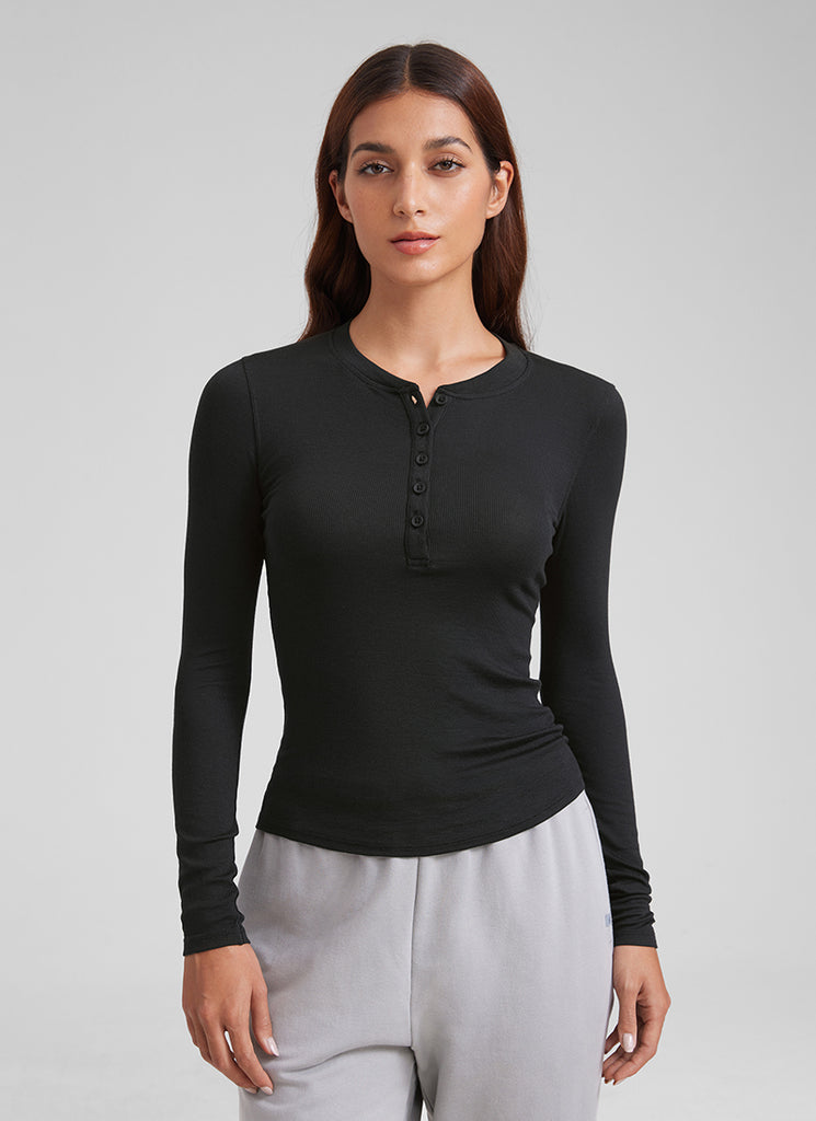 CRZ YOGA Womens Fitted Casual Ribbed Modal Henley Shirts Long Sleeves Hot Fudge Brown