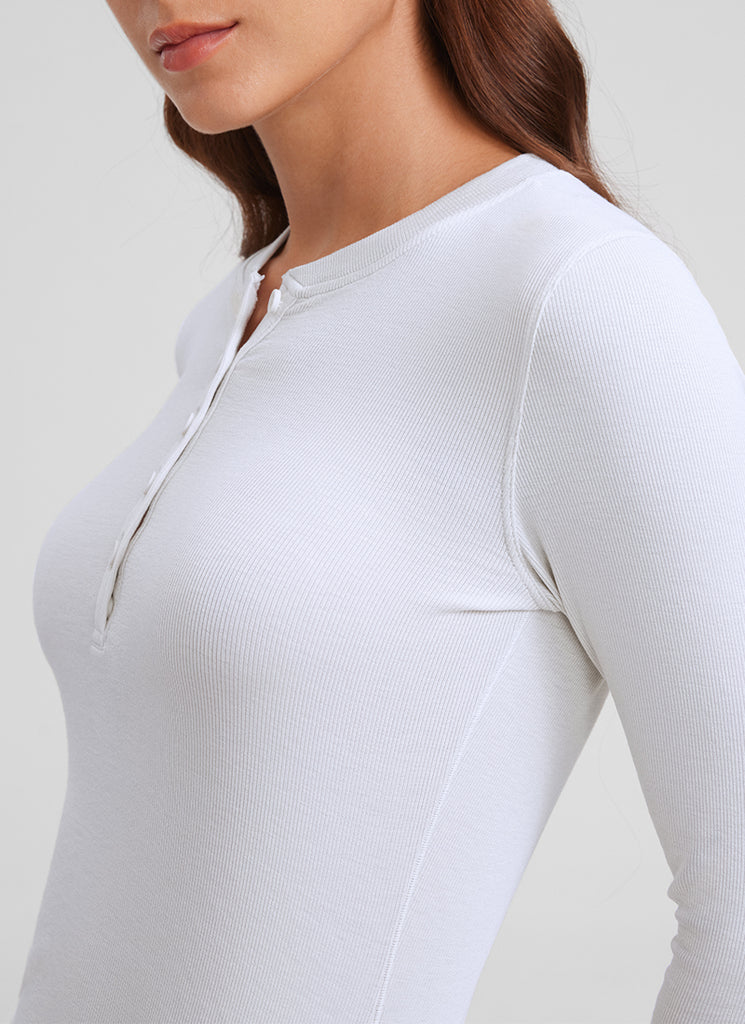 CRZ YOGA Womens Fitted Casual Ribbed Modal Henley Shirts Long Sleeves White