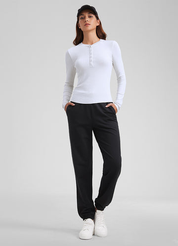 CRZ YOGA Womens Fitted Casual Ribbed Modal Henley Shirts Long Sleeves White
