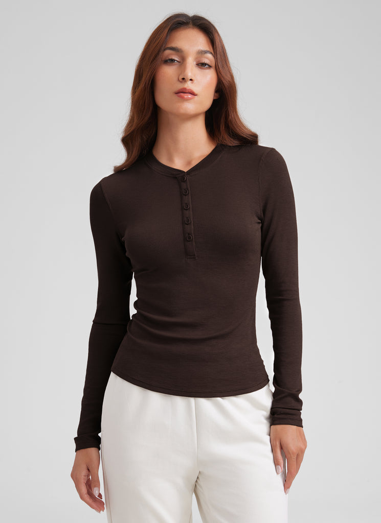CRZ YOGA Womens Fitted Casual Ribbed Modal Henley Shirts Long Sleeves Hot Fudge Brown