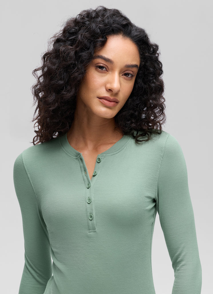 CRZ YOGA Womens Fitted Casual Ribbed Modal Henley Shirts Long Sleeves Oasis Blue