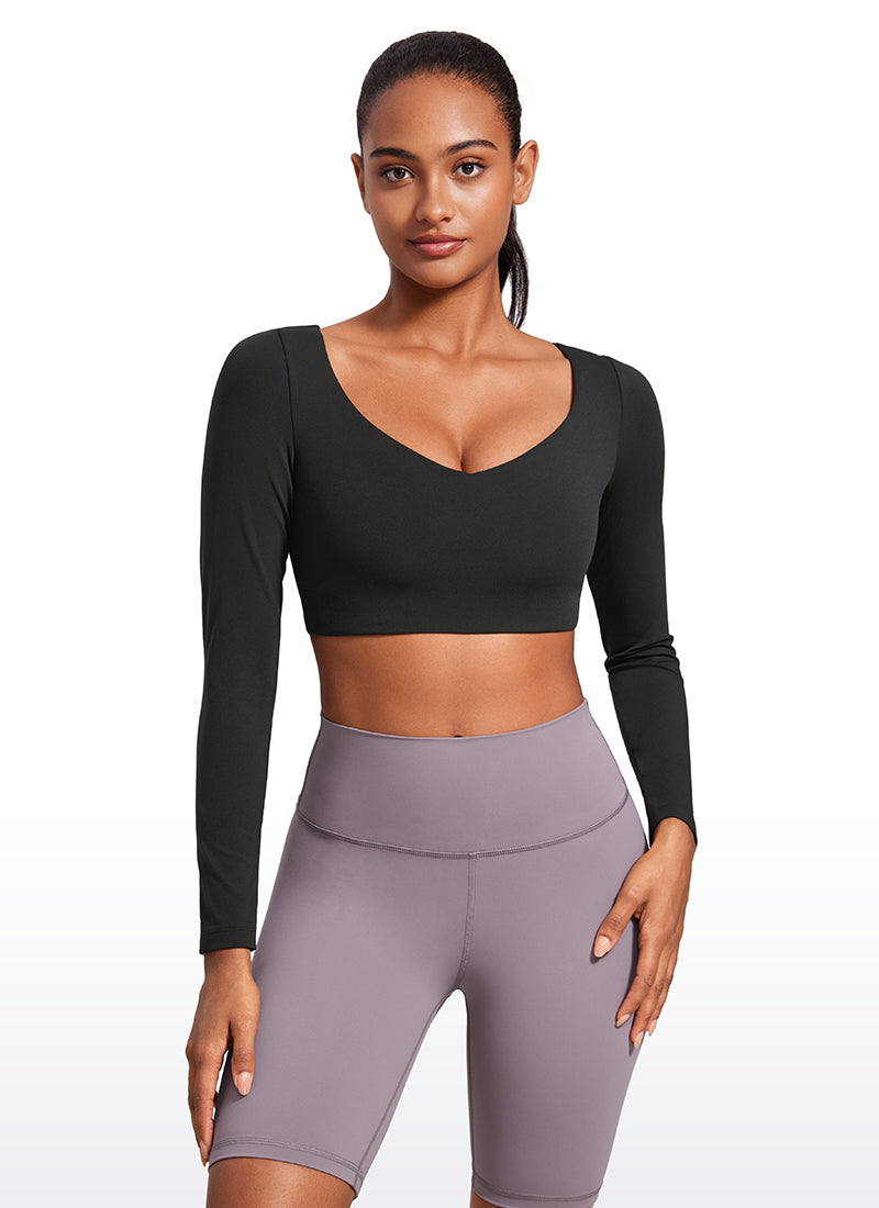 CRZ YOGA Women's Butterluxe Double Lined Long Sleeve V Neck Cropped Black