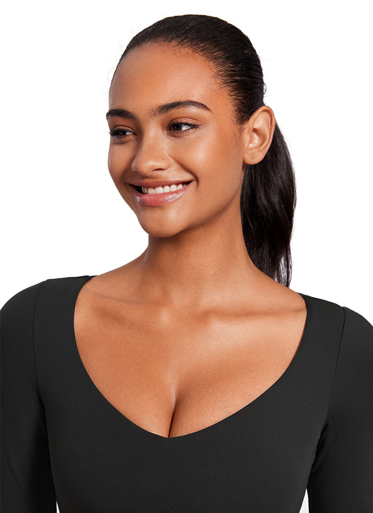 CRZ YOGA Women's Butterluxe Double Lined Long Sleeve V Neck Cropped Black