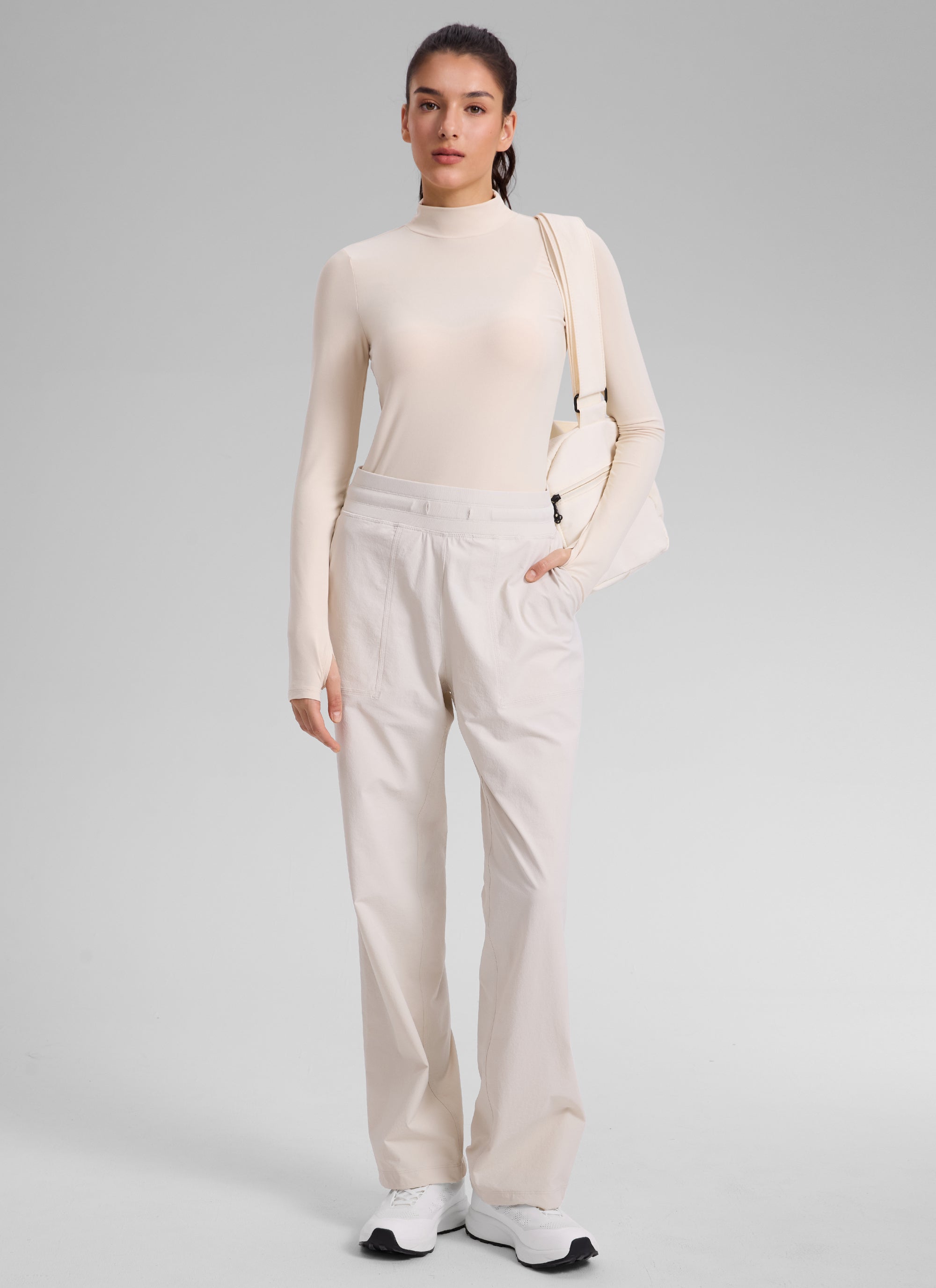 CRZ YOGA Women's Cloudweight Workout Mock Neck Hip Length Long Sleeves White