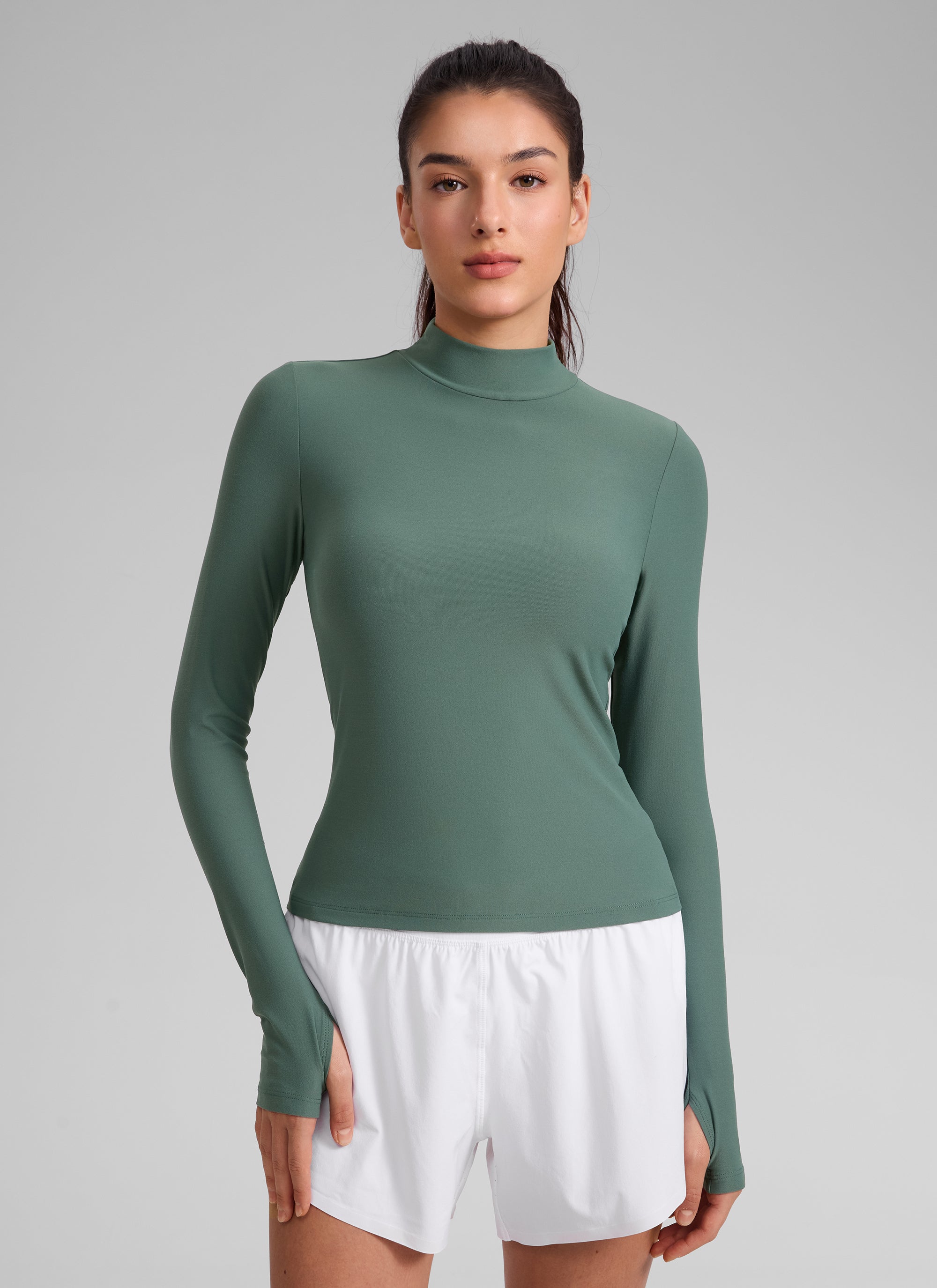 CRZ YOGA Women's Cloudweight Workout Mock Neck Hip Length Long Sleeves Graphite Green