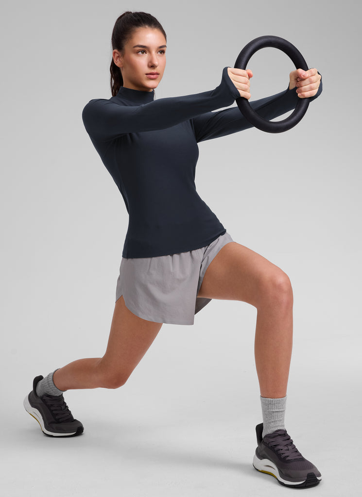 CRZ YOGA Women's Cloudweight Workout Mock Neck Hip Length Long Sleeves Coffee Brown