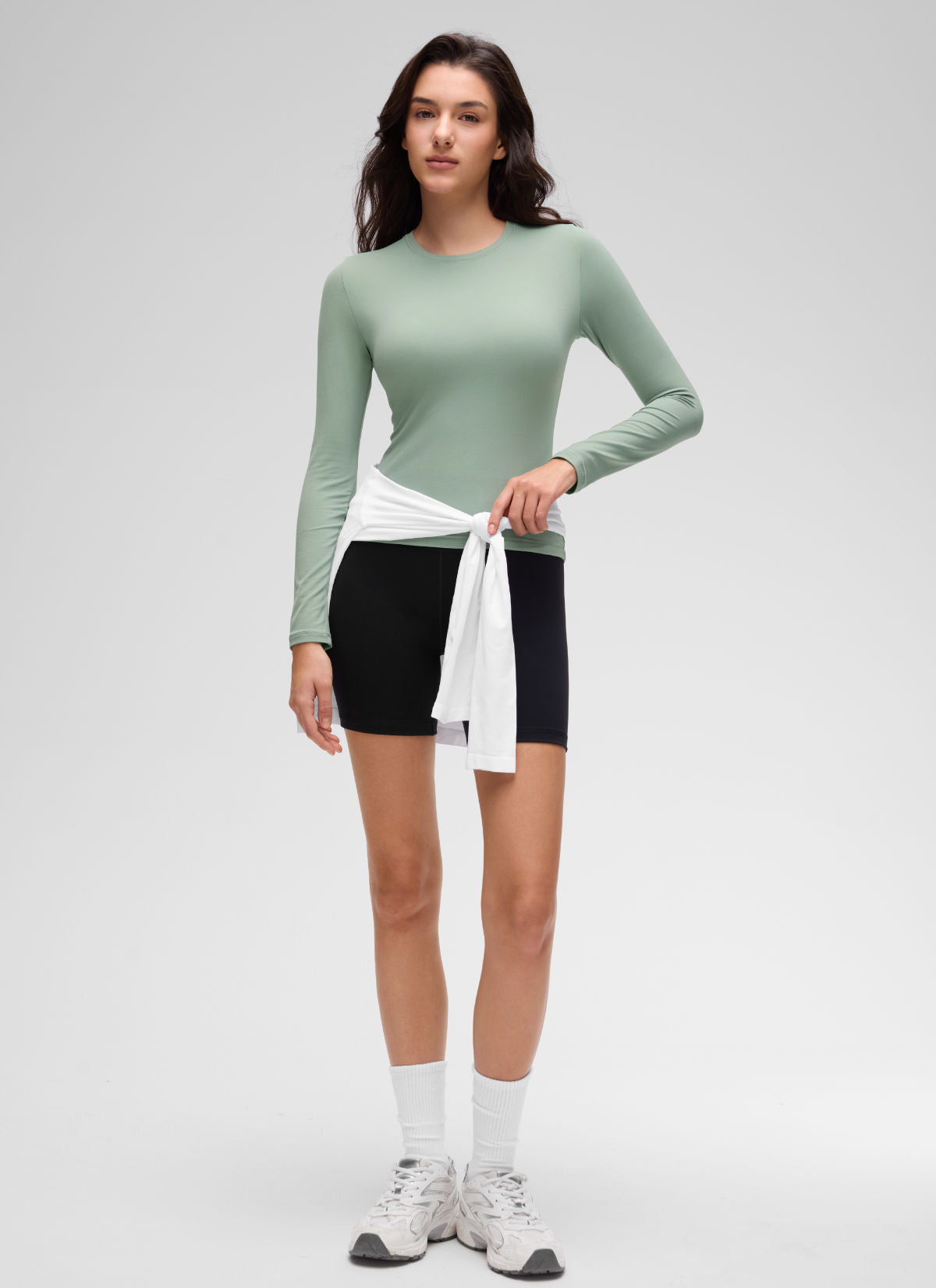 CRZ YOGA Women's Crew Neck Tight Fit Long Sleeve Shirts Casual Tee Green Palm Court