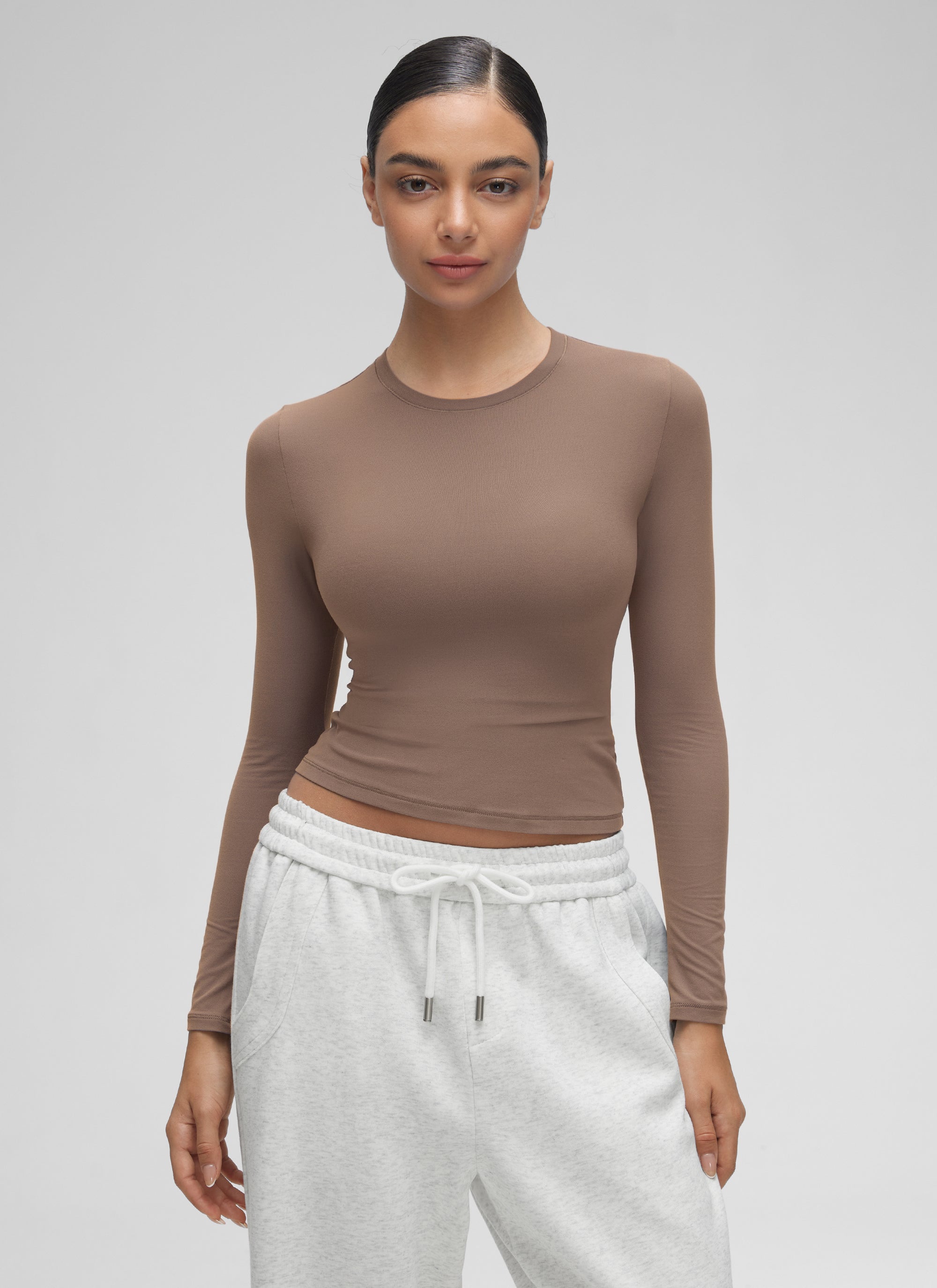 CRZ YOGA Women's Crew Neck Tight Fit Long Sleeve Shirts Casual Tee Brown Purple