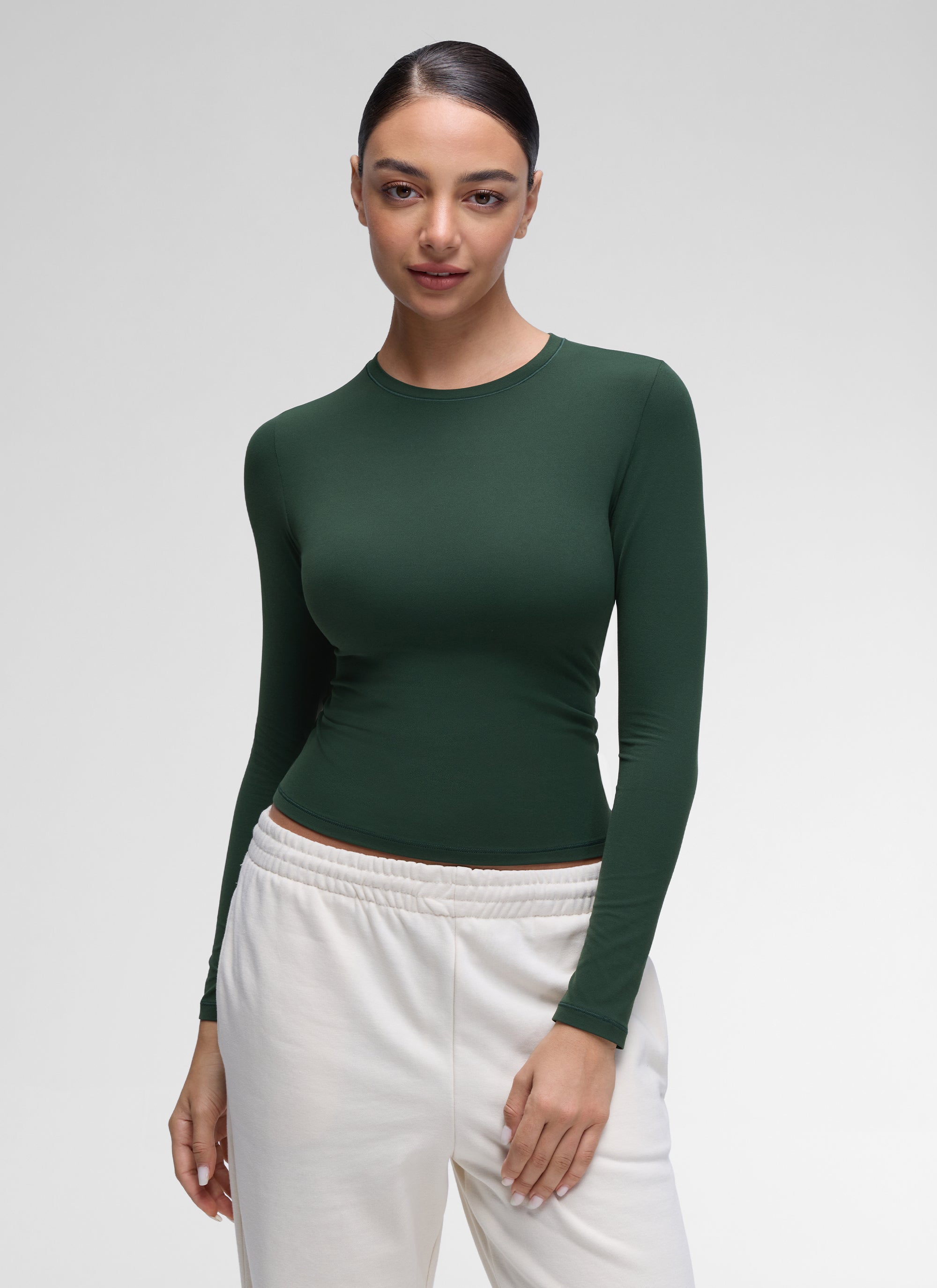CRZ YOGA Women's Crew Neck Tight Fit Long Sleeve Shirts Casual Tee Oasis Blue