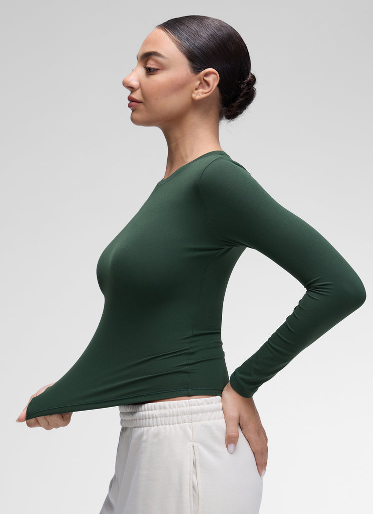 CRZ YOGA Women's Crew Neck Tight Fit Long Sleeve Shirts Casual Tee Legend Green